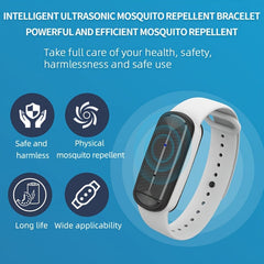 A white ultrasonic mosquito repellent bracelet with a black rectangular display module.