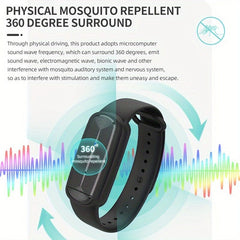 A black electronic mosquito repellent wristband with a digital display screen.