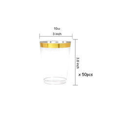 A set of fifty clear plastic cups with a gold-rimmed top edge, measuring 3 inches by 3.8 inches.