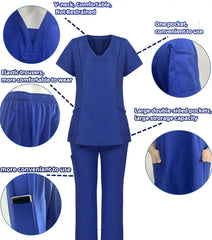 A blue V-neck scrub set featuring an elastic waistband and multiple storage pockets.