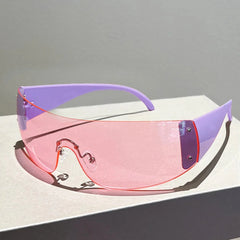 Rimless Y2K-style sunglasses featuring a single pink lens and light purple plastic temples.