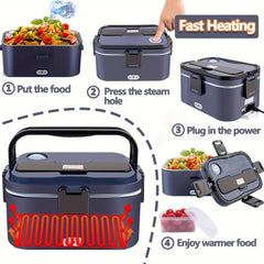 A portable electric food heater with a stainless steel container shown in a four-step guide.