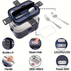 A portable military green food heater with a stainless steel container and power accessories.
