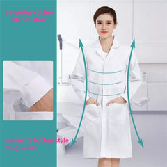 A woman wearing a white long-sleeved button-down lab coat made of a polyester cotton blend.