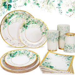 A set of disposable paper plates, cups, and napkins featuring a sage green leaf and gold rim design.