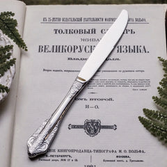 A silver-toned stainless steel dinner knife with an ornate embossed handle rests on an old book.