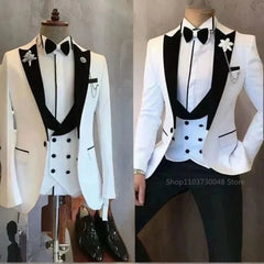 A white three-piece tuxedo suit with a black peak lapel, bow tie, and double-breasted vest.