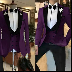 A slim-fit purple three-piece suit featuring a black peak lapel jacket, vest, and trousers.