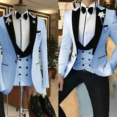 A light blue three-piece tuxedo with a black peak lapel, vest, and trousers.