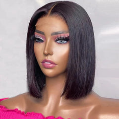 A straight black bob wig with a lace front worn by a mannequin.
