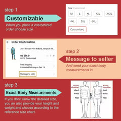 An infographic showing three steps to order a custom-sized African print shirt.