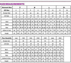 A size chart table for women's dresses showing measurements in inches and centimeters.