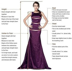 A woman models a floor-length purple mermaid evening dress with a measurement guide overlay.