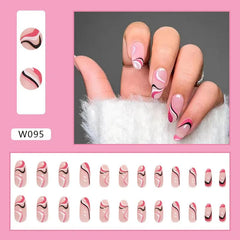 A set of twenty-four almond-shaped press-on nails featuring a pink and white wavy abstract design.