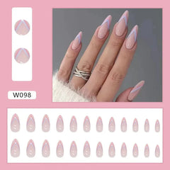 A set of twenty-four almond-shaped press-on nails featuring a purple and white V-tip design.