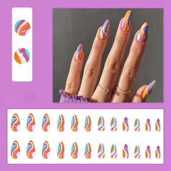 Purple and orange wavy design almond-shaped press-on nails.