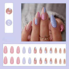 A set of twenty-four almond-shaped press-on nails featuring a mix of solid and abstract color designs.