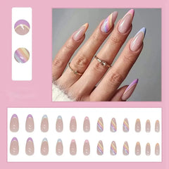 A set of twenty-four almond-shaped press-on nails featuring pastel French tips and wavy designs.