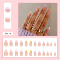 A set of twenty-four almond-shaped press-on nails featuring a colorful French tip design.