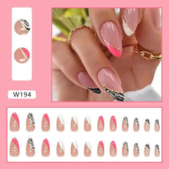 A set of twenty-four almond-shaped press-on nails featuring pink, white, and zebra-print designs.