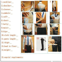 A measurement guide for a men's suit showing twelve numbered steps for taking body measurements.