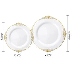 A set of twenty-five 7.5-inch and twenty-five 10.25-inch white plates with gold embossed rims.