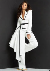 A woman wears a white jumpsuit with a black-trimmed blazer top, V-neck, and a belted side drape.