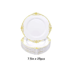A stack of twenty-five white disposable plastic plates featuring decorative gold-plated embossed rims.