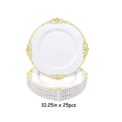 A stack of white disposable plastic plates featuring ornate gold embossed rims.