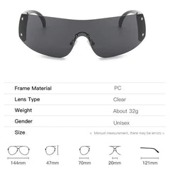 Rimless Y2K-style sunglasses with a single dark lens and rivet details, shown with dimensions.