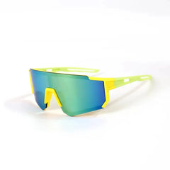 Children's sports sunglasses with a bright yellow frame and a reflective green lens.