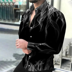A man wears a black long-sleeved button-down shirt featuring a white 3D digital flame print.