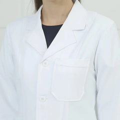 A milk white, anti-static lab coat with a notched lapel and a chest pocket.