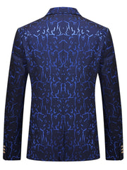 A slim-fit navy blue blazer featuring a patterned design and a single back vent.