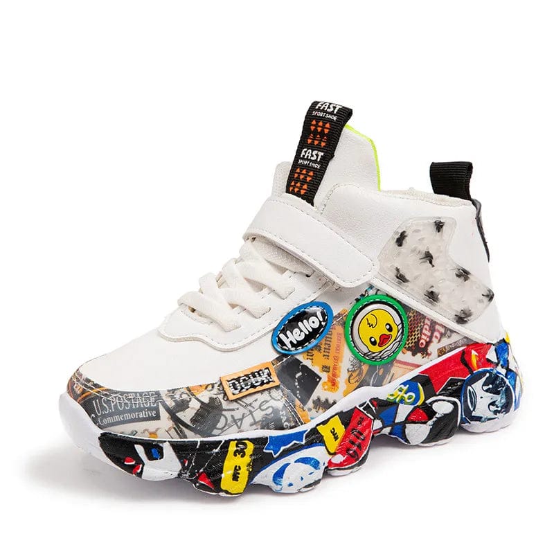 A white high-top children's sneaker featuring colorful cartoon graffiti and a duck patch.