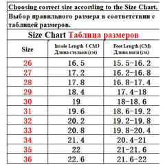 A size chart table for children's shoes listing sizes 26 through 36 with insole and foot lengths.