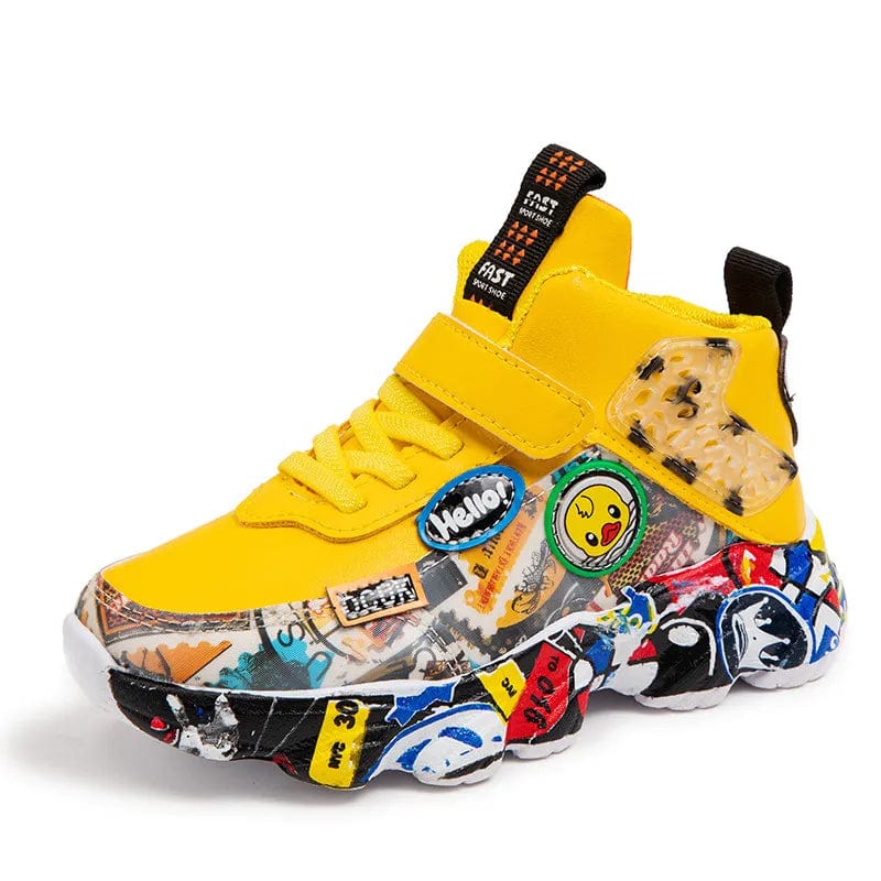 A yellow children's high-top sneaker featuring a colorful graffiti pattern and a duck patch.