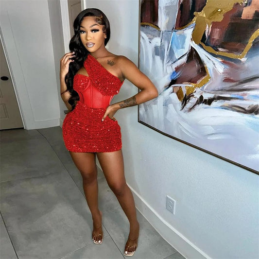 Skinny Slim See Through Mesh Women Sexy Party Dress Birthday Girls Sequins Glitter Inclined Shoulder Nightclub Dress Red Black - SHOWLU FASHION STORE