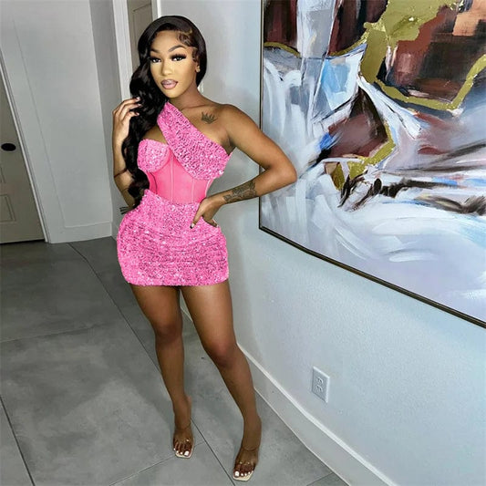 Skinny Slim See Through Mesh Women Sexy Party Dress Birthday Girls Sequins Glitter Inclined Shoulder Nightclub Dress Red Black - SHOWLU FASHION STORE