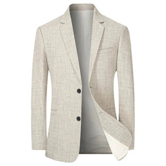 A light beige single-breasted blazer with a textured finish and two black buttons.