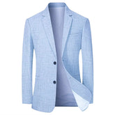A sky blue single-breasted men's suit jacket with a subtle textured pattern.