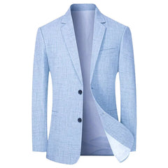 A sky blue single-breasted men's suit jacket with a subtle textured pattern.