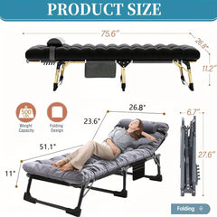 A portable folding cot shown in flat and reclined positions with its folded dimensions.