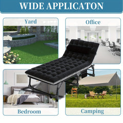 A black, tufted, five-position folding chaise lounge cot shown in four different settings.