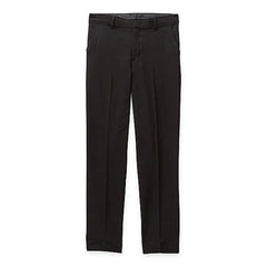 A pair of solid black slim-fit dress pants with a flat front and zipper fly.