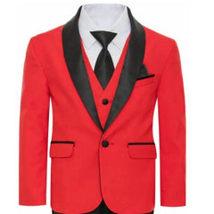 A red three-piece boy's tuxedo suit featuring a black shawl lapel, vest, and matching tie.