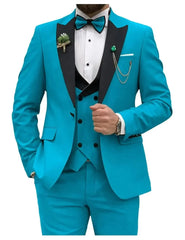 A slim fit turquoise three-piece suit featuring a black peak lapel, vest, and matching bowtie.