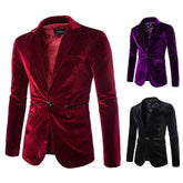 Three men's slim-fit corduroy blazers in red, purple, and black displayed against a white background.