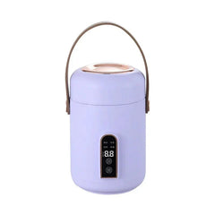 A portable light purple electric stew pot with a digital display and a top carrying handle.