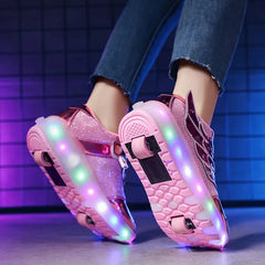 A pair of pink glittery roller shoes with light-up soles and retractable wheels.